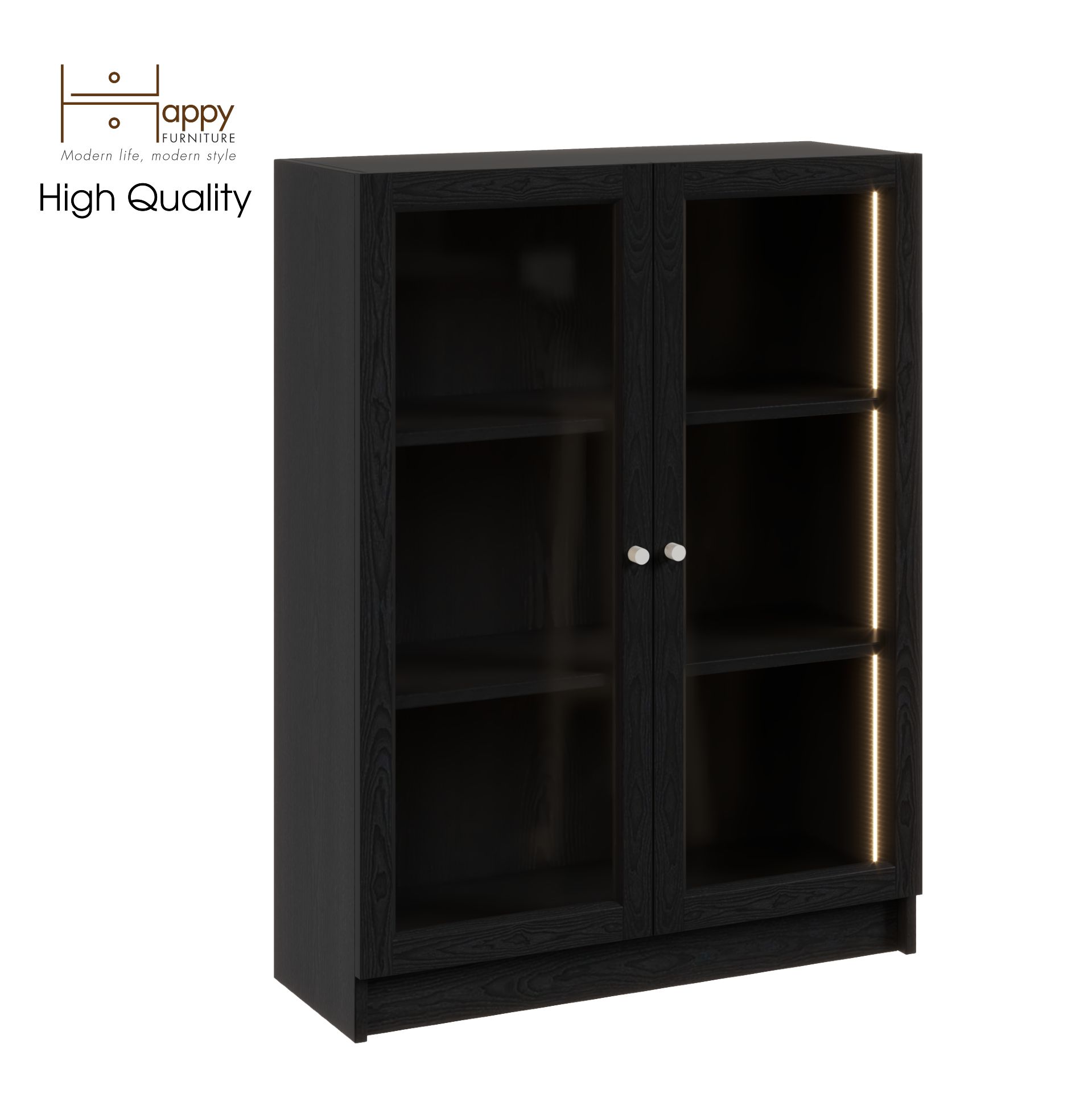 HAPPY FURNITURE , kệ sách 3 tầng cửa kính tích hợp đèn LED - CATY , KSA_012_LED , 80cm x 30cm x 106cm