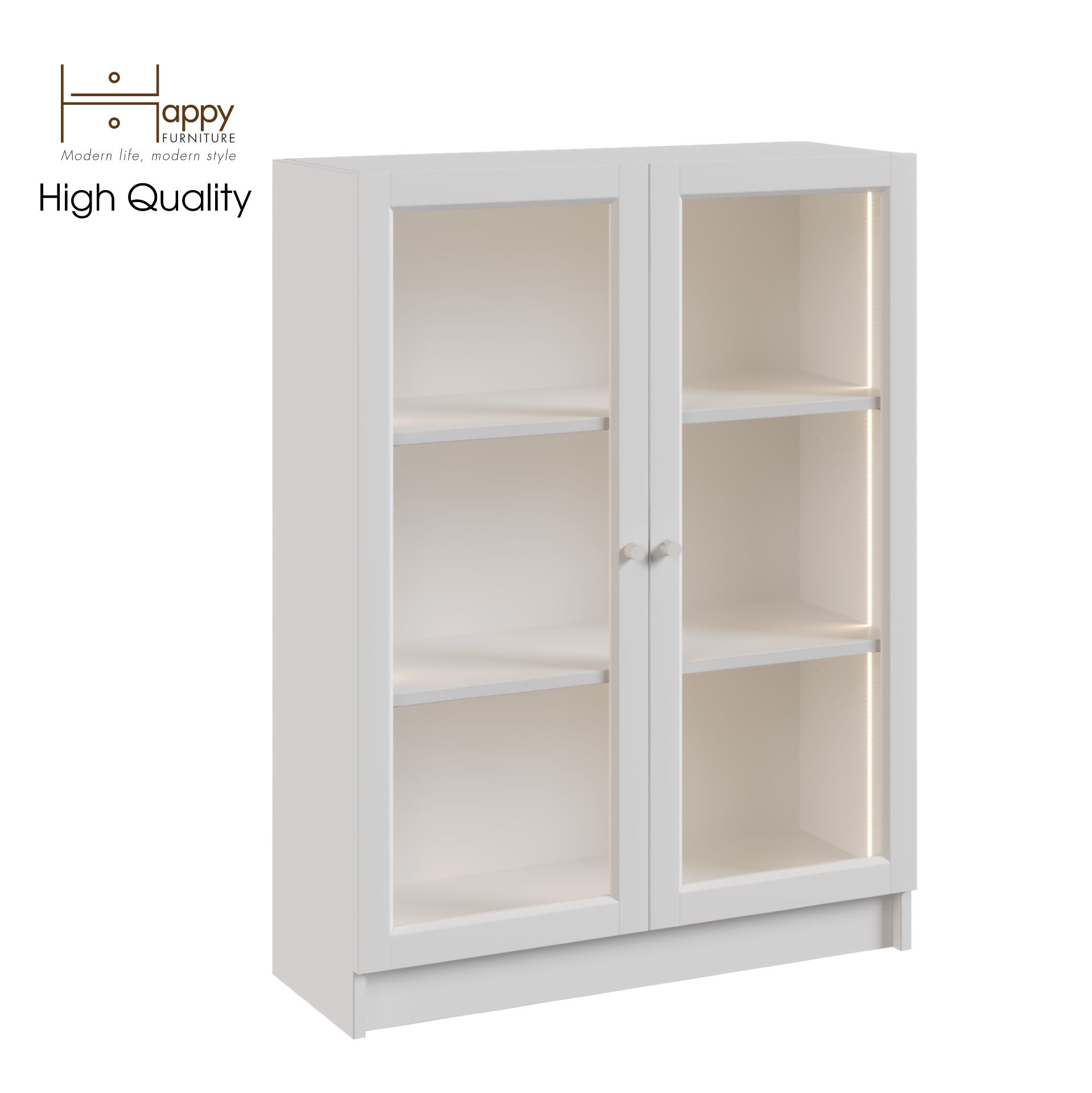 HAPPY FURNITURE , kệ sách 3 tầng cửa kính tích hợp đèn LED - CATY , KSA_012_LED , 80cm x 30cm x 106cm
