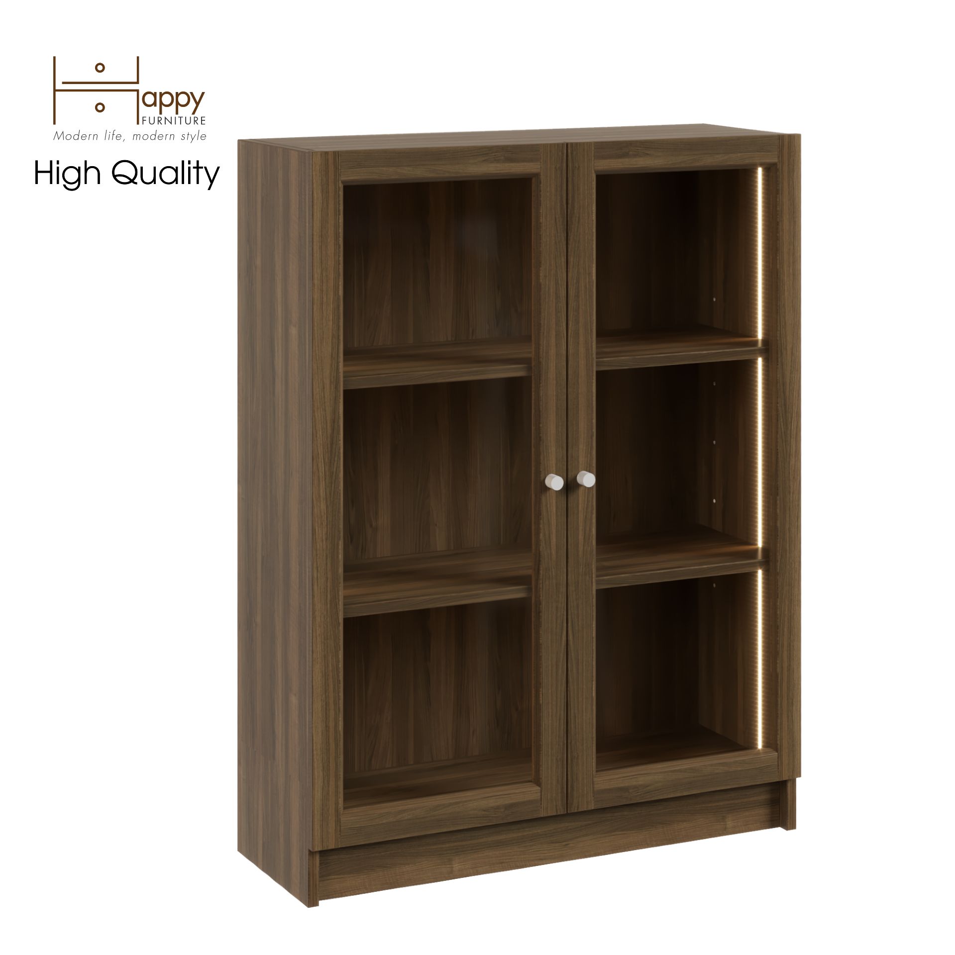 HAPPY FURNITURE , kệ sách 3 tầng cửa kính tích hợp đèn LED - CATY , KSA_012_LED , 80cm x 30cm x 106cm