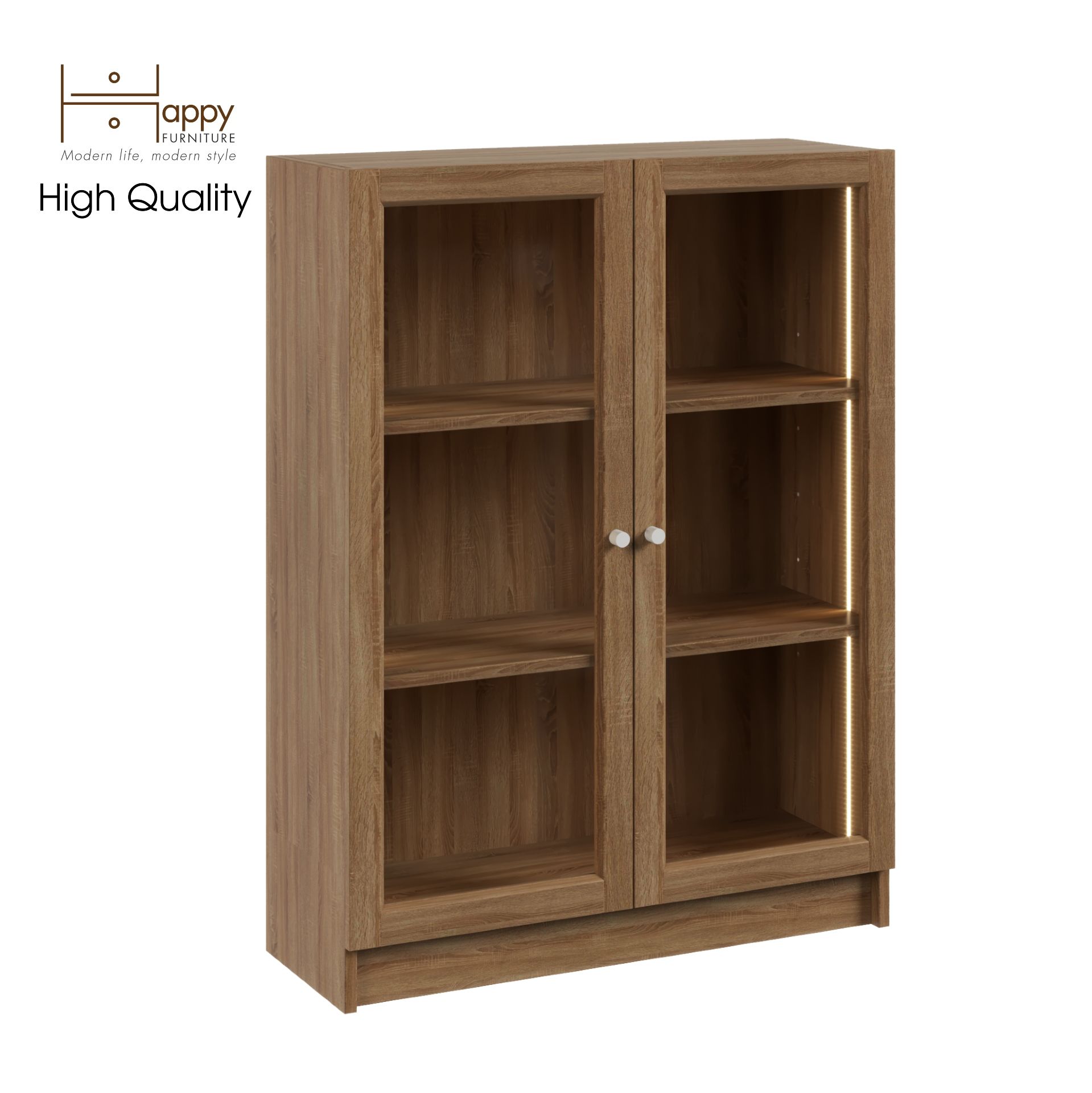 HAPPY FURNITURE , kệ sách 3 tầng cửa kính tích hợp đèn LED - CATY , KSA_012_LED , 80cm x 30cm x 106cm