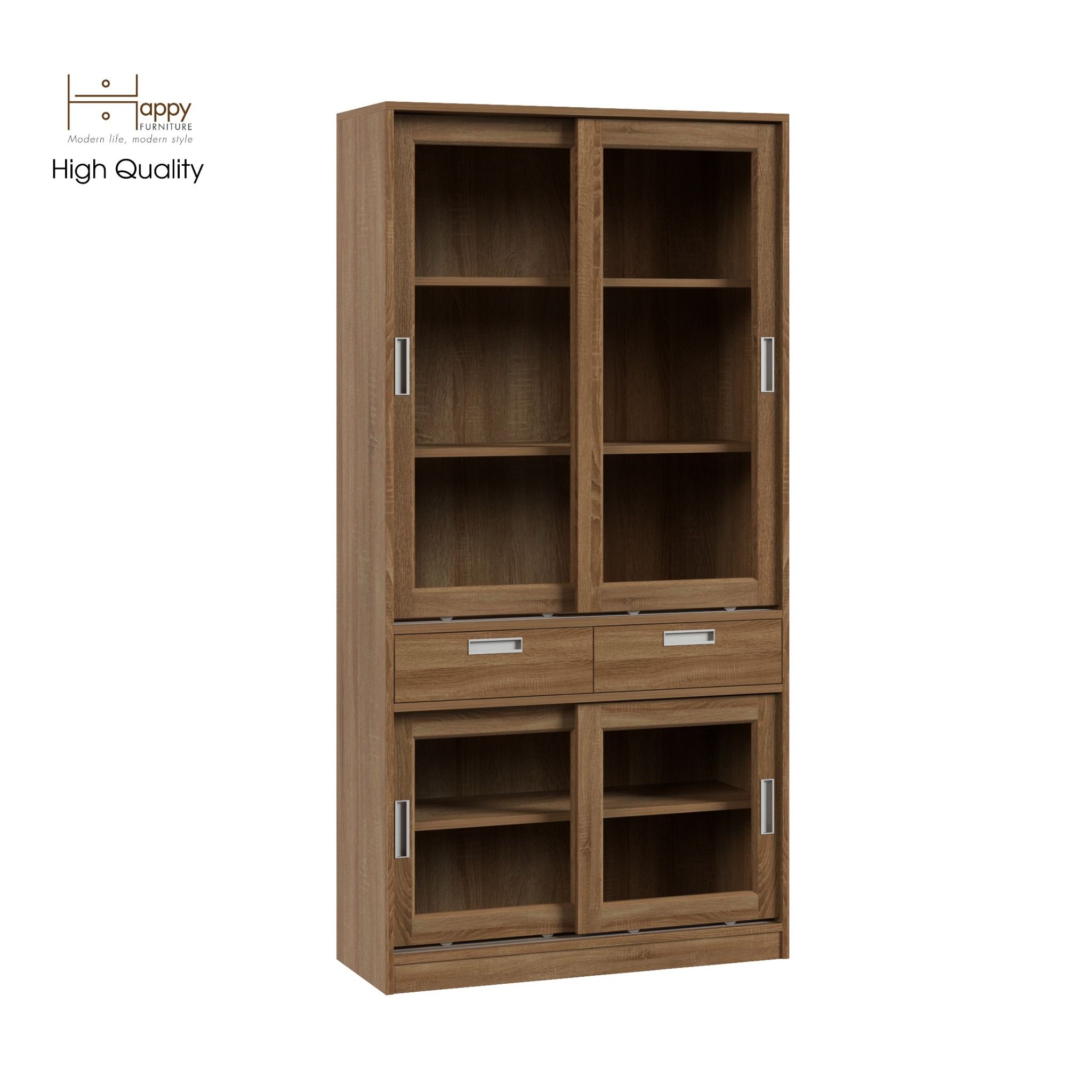 HAPPY FURNITURE , Tủ sách 2 ngăn kéo 4 cánh lùa - LUCA , TCL_011 , 90cm x 35cm x 180cm