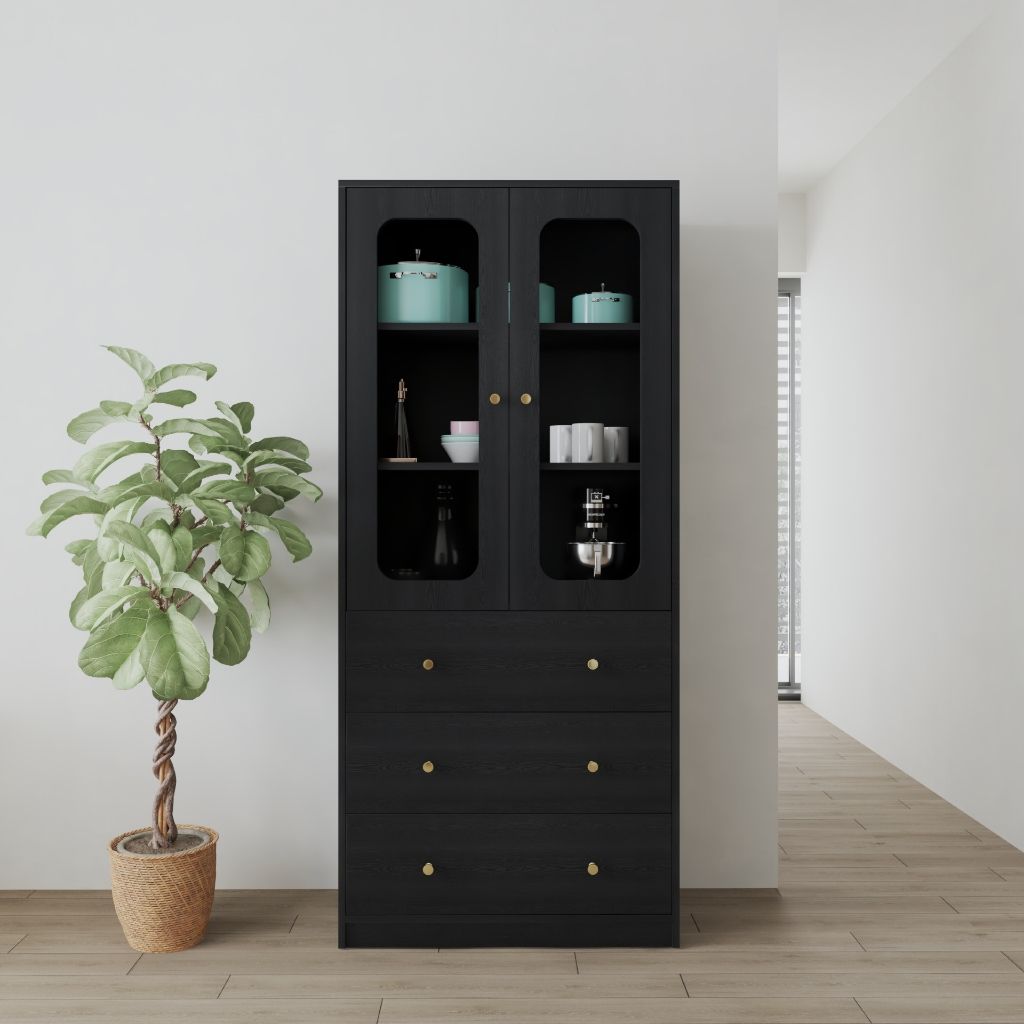 HAPPY FURNITURE , Tủ lưu trữ 2 cửa kính 3 ngăn kéo - NOAH , TCM_270 , 80cm x 40cm x 180cm DxRxC