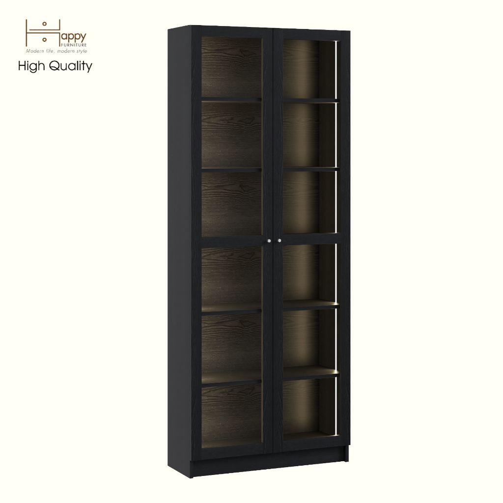 HAPPY FURNITURE , Kệ sách 6 tầng cửa kính đèn LED - CATY, KSA_074_LED , 80cm x 30cm x 202cm DxRxC