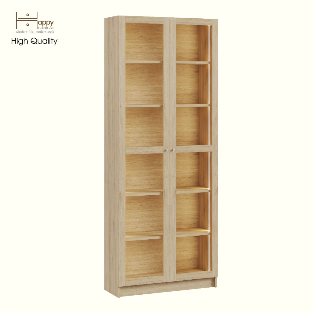 HAPPY FURNITURE , Kệ sách 6 tầng cửa kính đèn LED - CATY, KSA_074_LED , 80cm x 30cm x 202cm DxRxC