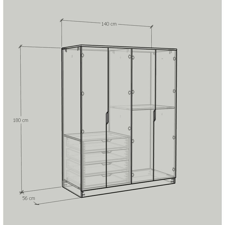HAPPY FURNITURE , Tủ quần áo 4 cửa mở 4 ngăn kéo - DASH , TCM_023 , 140cm x 58cm x 180cm