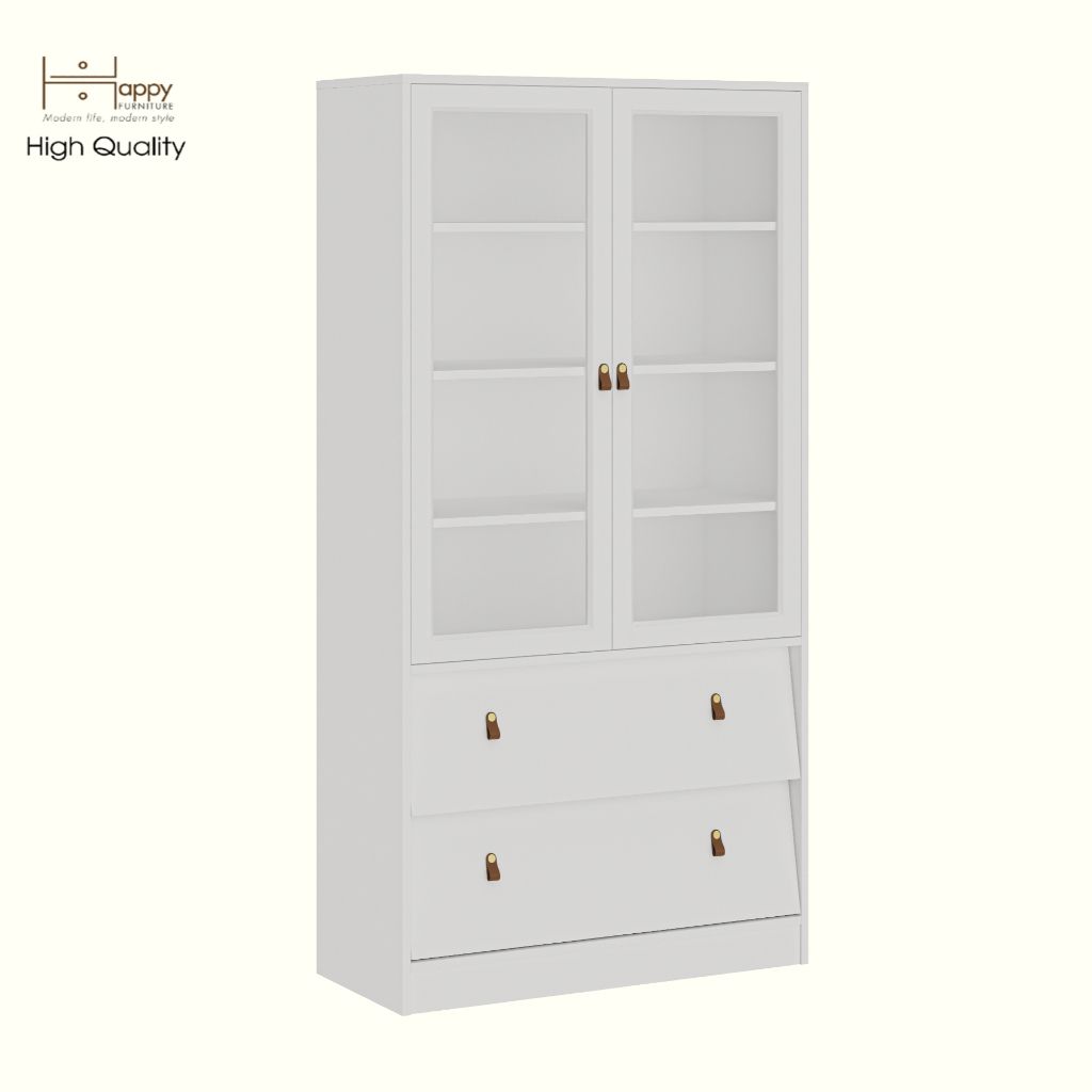 HAPPY FURNITURE , Kệ sách cửa kính 2 ngăn kéo - CALYN , KSA_107 , 90cm x 39cm x 176cm DxRxC