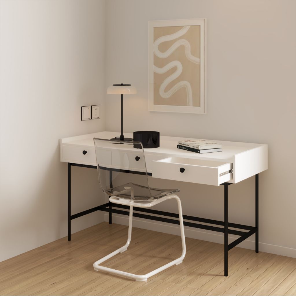 HAPPY FURNITURE , Bàn làm việc 3 ngăn chân sắt - KINA , BAN_041 , 140cm x 55cm x 75cm