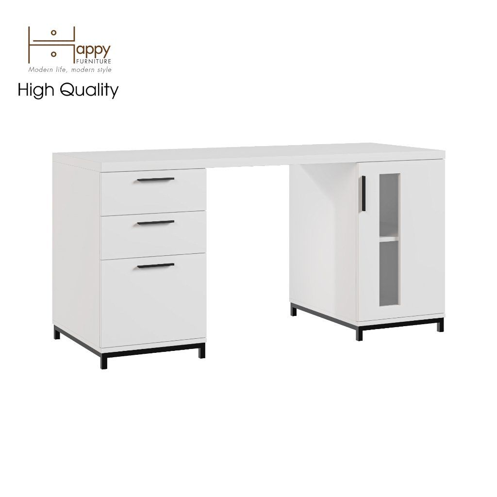 HAPPY FURNITURE , Bàn làm việc 3 ngăn kéo chân sắt - LOUIS , BAN_035 , 150cm x 60cm x 75cm