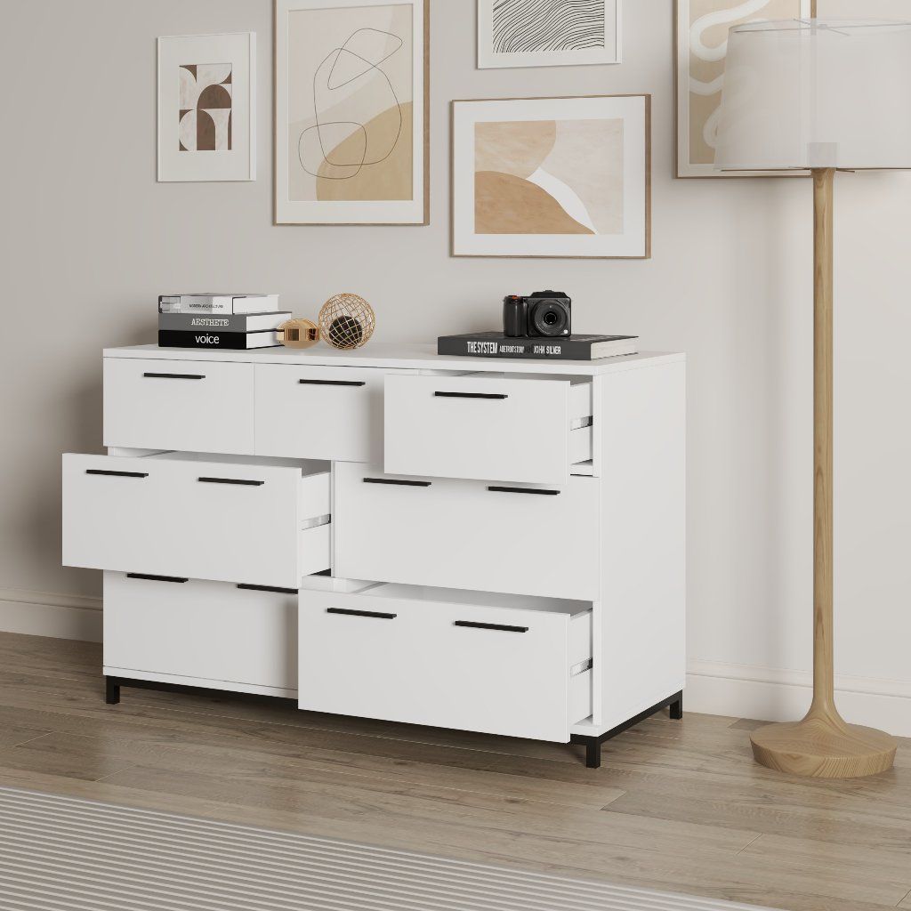 HAPPY FURNITURE , Tủ đựng đồ 7 ngăn kéo chân sắt - LOUIS , THK_061 , 112cm x 45cm x 74cm