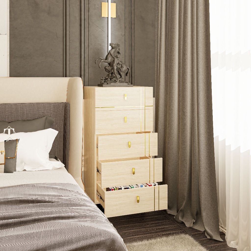 HAPPY FURNITURE , gỗ tự nhiên , Tủ lưu trữ 5 ngăn kéo Chân sắt - JOCASTA , THK_168 , 56cm x 45cm x 116cm