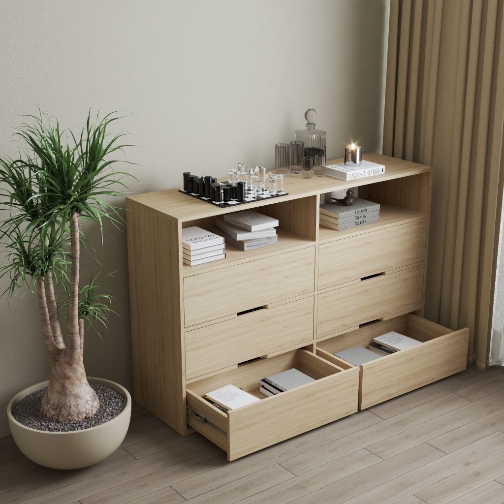HAPPY FURNITURE , Tủ lưu trữ 6 ngăn kéo - LAYLA , THK_331 , 140cm x 40cm x 93cm DxRxC
