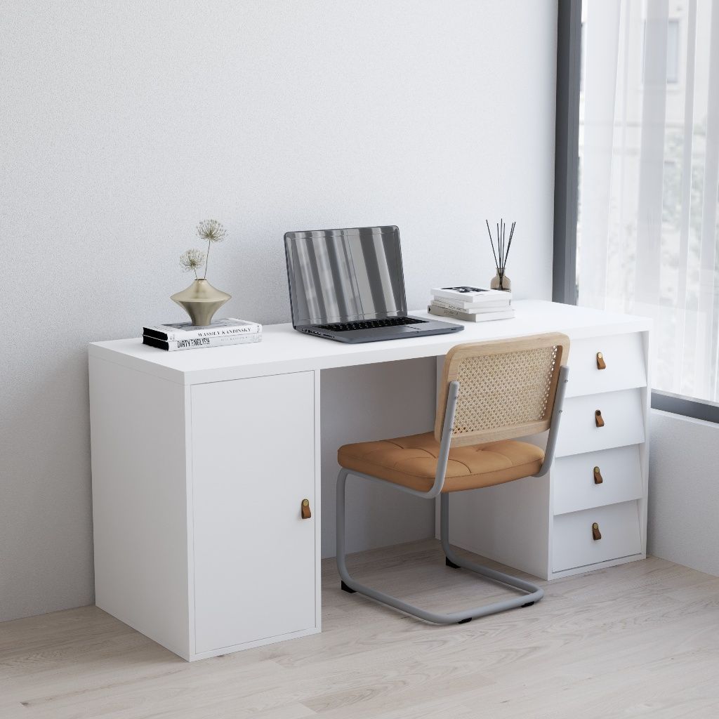 HAPPY FURNITURE , Bàn làm việc 1 cửa mở 4 ngăn kéo - CALYN , BAN_154 , 160cm x 55cm x 75cm DxRxC