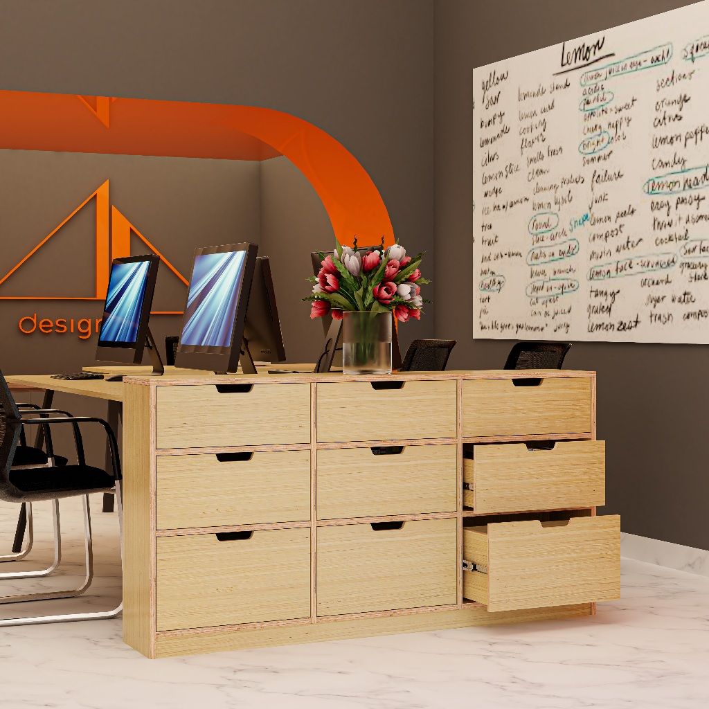 HAPPY FURNITURE , Gỗ tự nhiên , Tủ lưu trữ 9 ngăn kéo gỗ Plywood - AIDAN , THK_196 , 150cm x 32cm x 82cm DxRxC