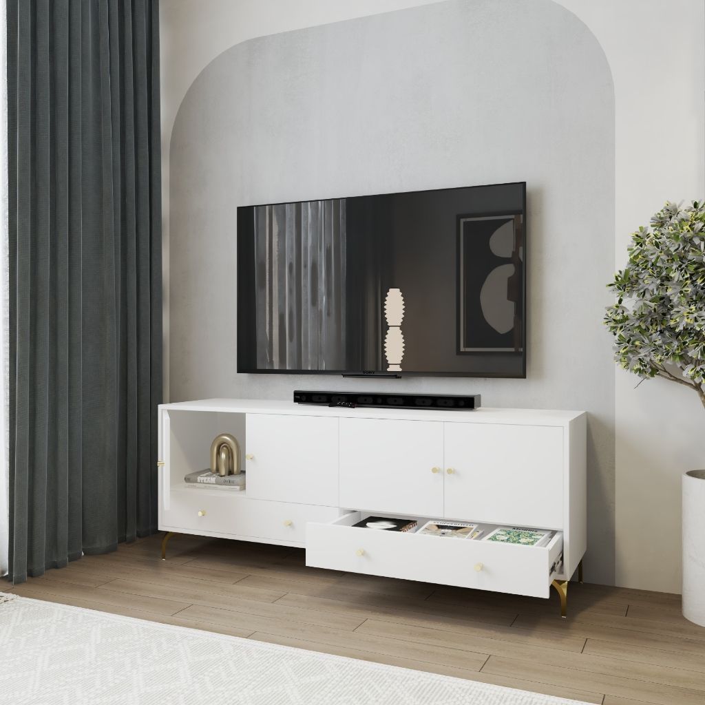 HAPPY FURNITURE , Kệ TV 4 cửa mở 2 ngăn kéo - HAPPI, KTV_081 , 160cm x 40cm x 62cm DxRxC