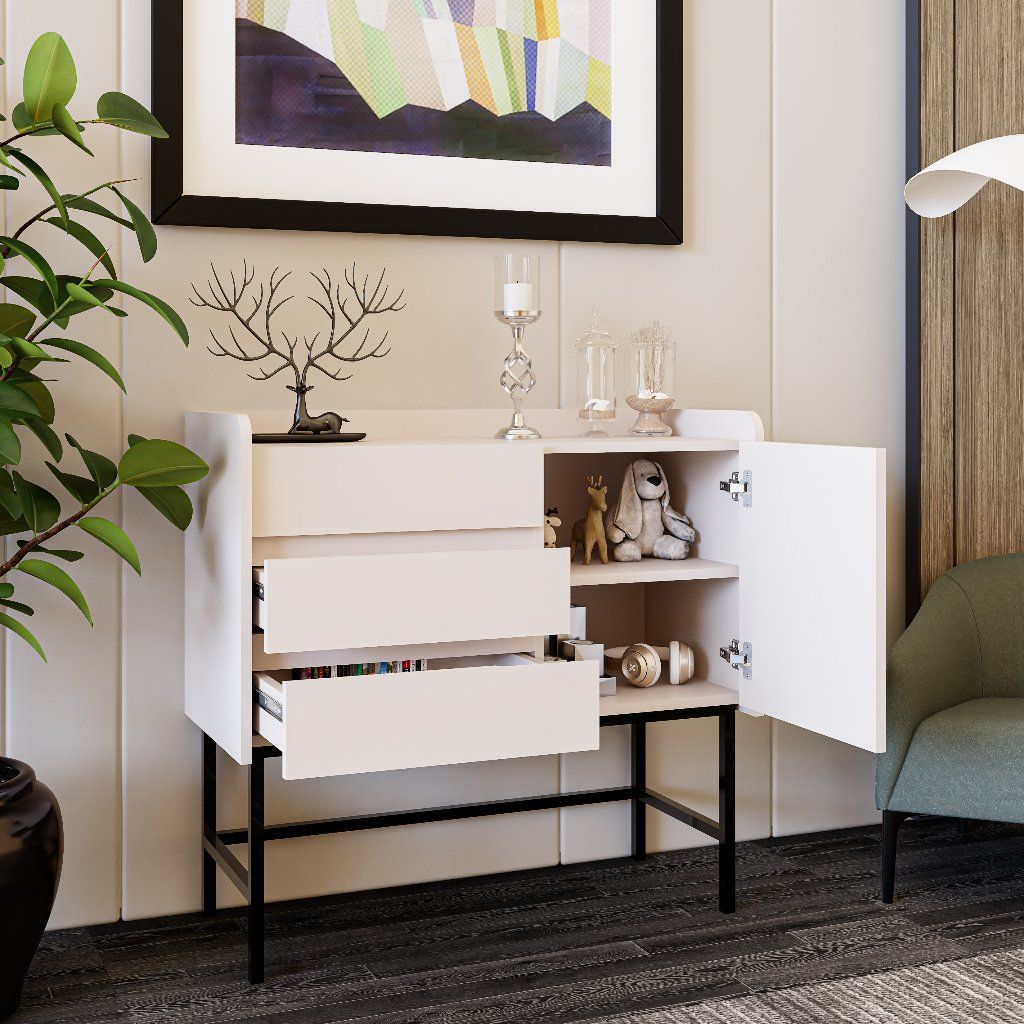 HAPPY FURNITURE , Tủ lưu trữ 3 ngăn kéo 1 cửa mở chân sắt - LAVIA , THK_157 , 90cm x 40cm x 86cm