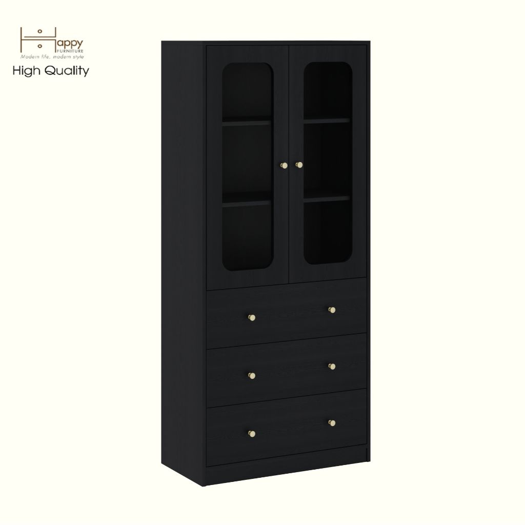 HAPPY FURNITURE , Tủ lưu trữ 2 cửa kính 3 ngăn kéo - NOAH , TCM_270 , 80cm x 40cm x 180cm DxRxC