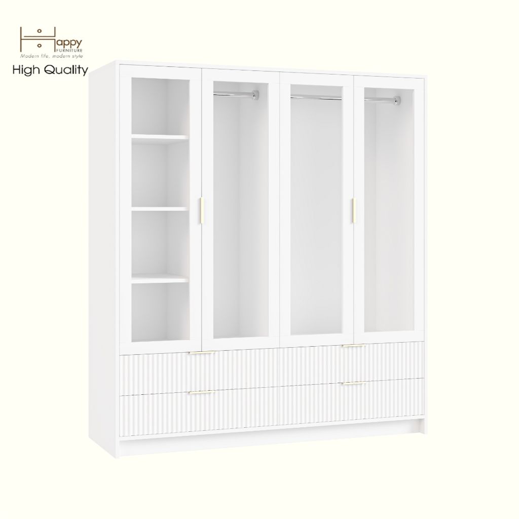 HAPPY FURNITURE , Tủ quần áo 4 cửa kính 4 ngăn kéo - NAMI, TCM_220 , 160cm x 54cm x 180cm DxRxC