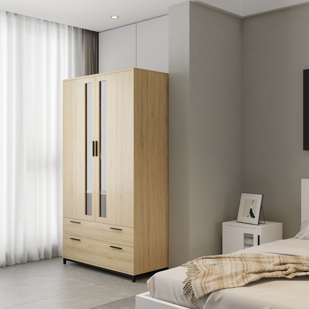 HAPPY FURNITURE , Tủ quần áo 2 ngăn kéo 2 cửa mở chân sắt - LOUIS , TCM_033 , 100cm x 58cm x 180cm