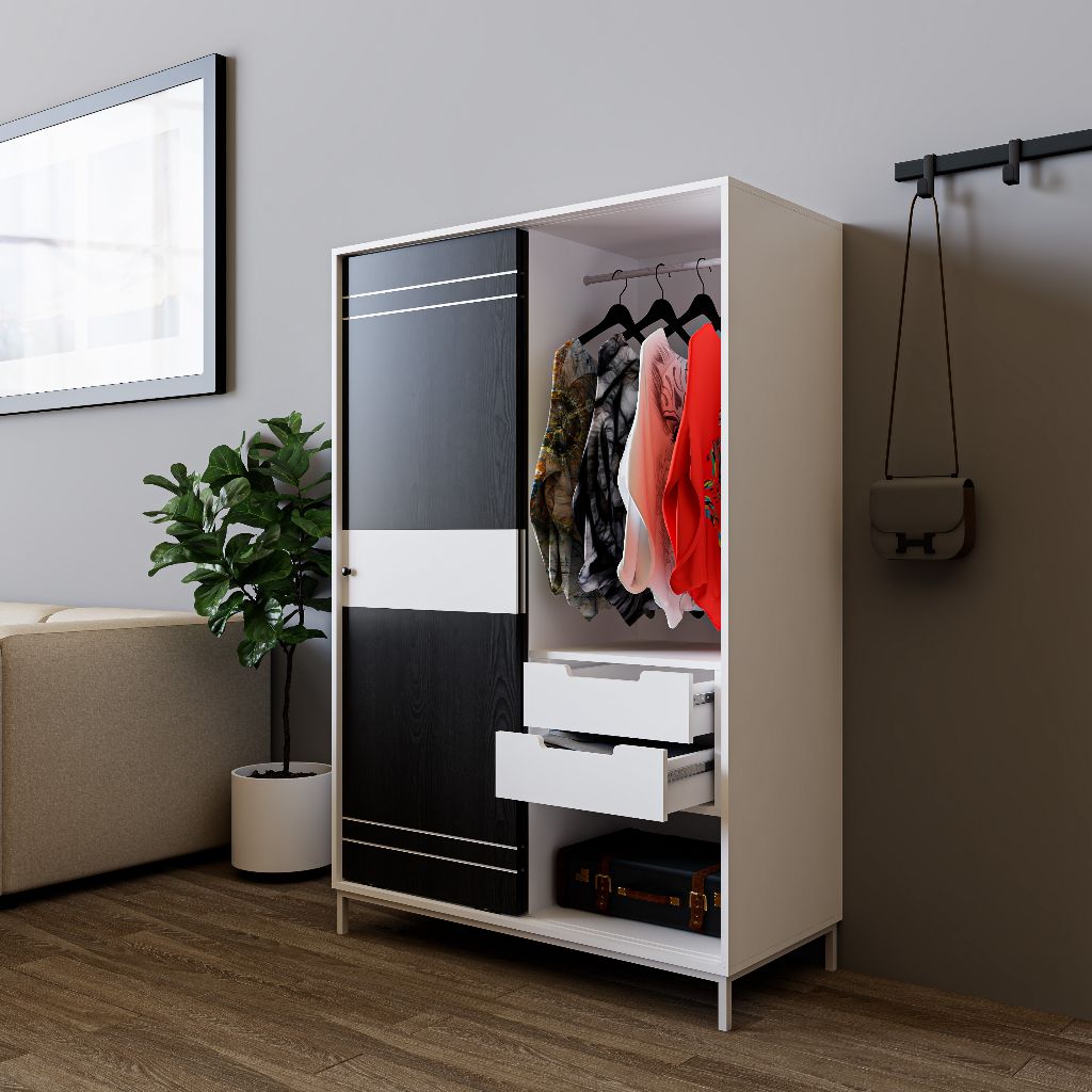 HAPPY FURNITURE , Tủ quần áo 2 cánh lùa chân sắt - TAKO , TCL_035 , 120cm x 54cm x 180cm