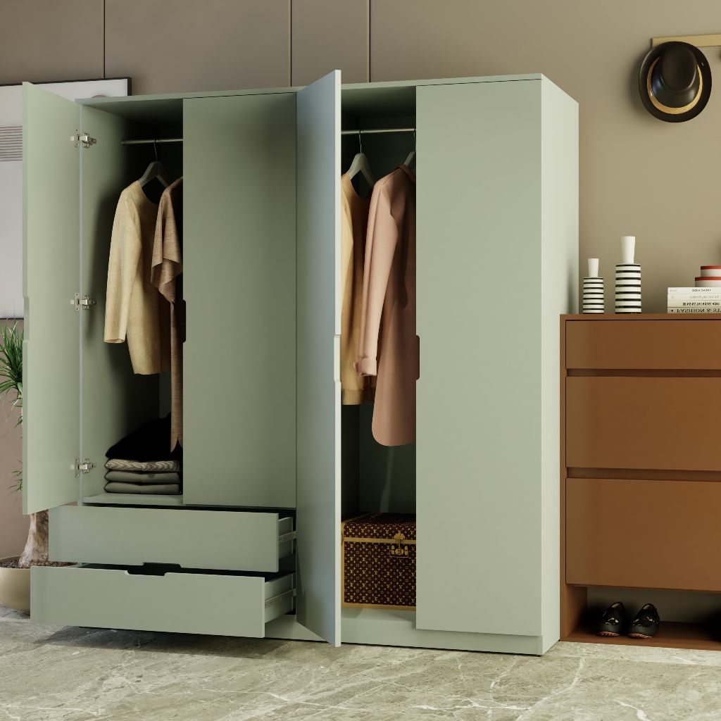 HAPPY FURNITURE , Tủ quần áo 4 cánh mở 2 ngăn kéo - MOLLY , TCM_109 , 160cm x 54cm x 176cm