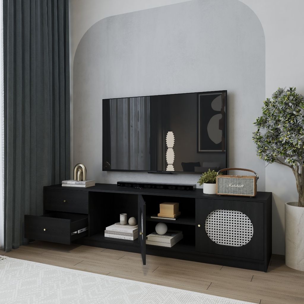 HAPPY FURNITURE , Kệ TV 2 cửa mở 2 ngăn kéo - MAY , KTV_096 , 200cm x 45cm x 50cm DxRxC