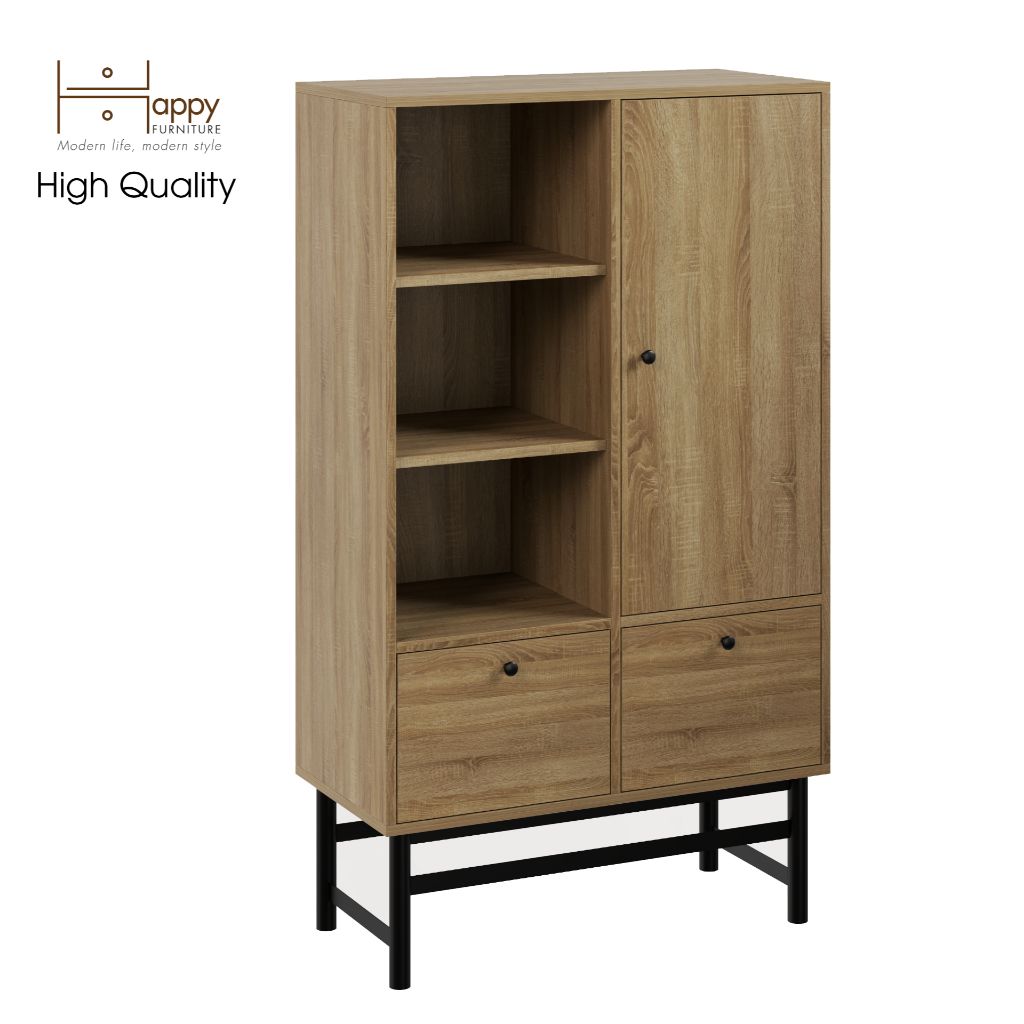 HAPPY FURNITURE , Kệ sách 2 ngăn kéo 1 cửa mở chân sắt - CATY , KSA_024 , 80cm x 39cm x 140cm