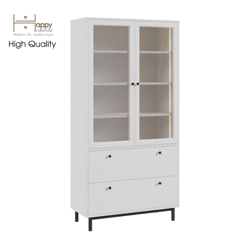 HAPPY FURNITURE , Kệ sách cửa kính 2 ngăn kéo đèn LED chân sắt - CATY , KSA_019_LED , 90cm x 39cm x 180cm