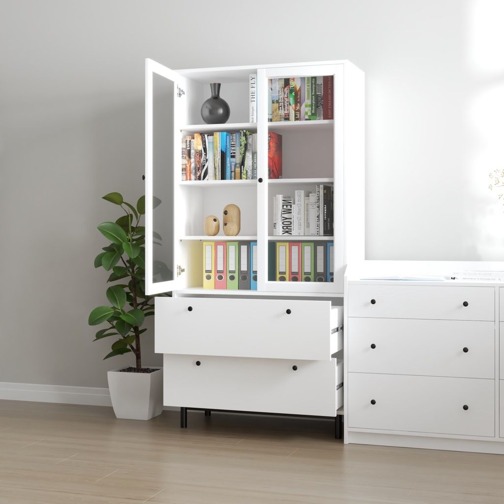 HAPPY FURNITURE , Kệ sách 6 tầng cửa kính 2 ngăn kéo chân sắt - CATY , KSA_019 , 90cm x 39cm x 180cm