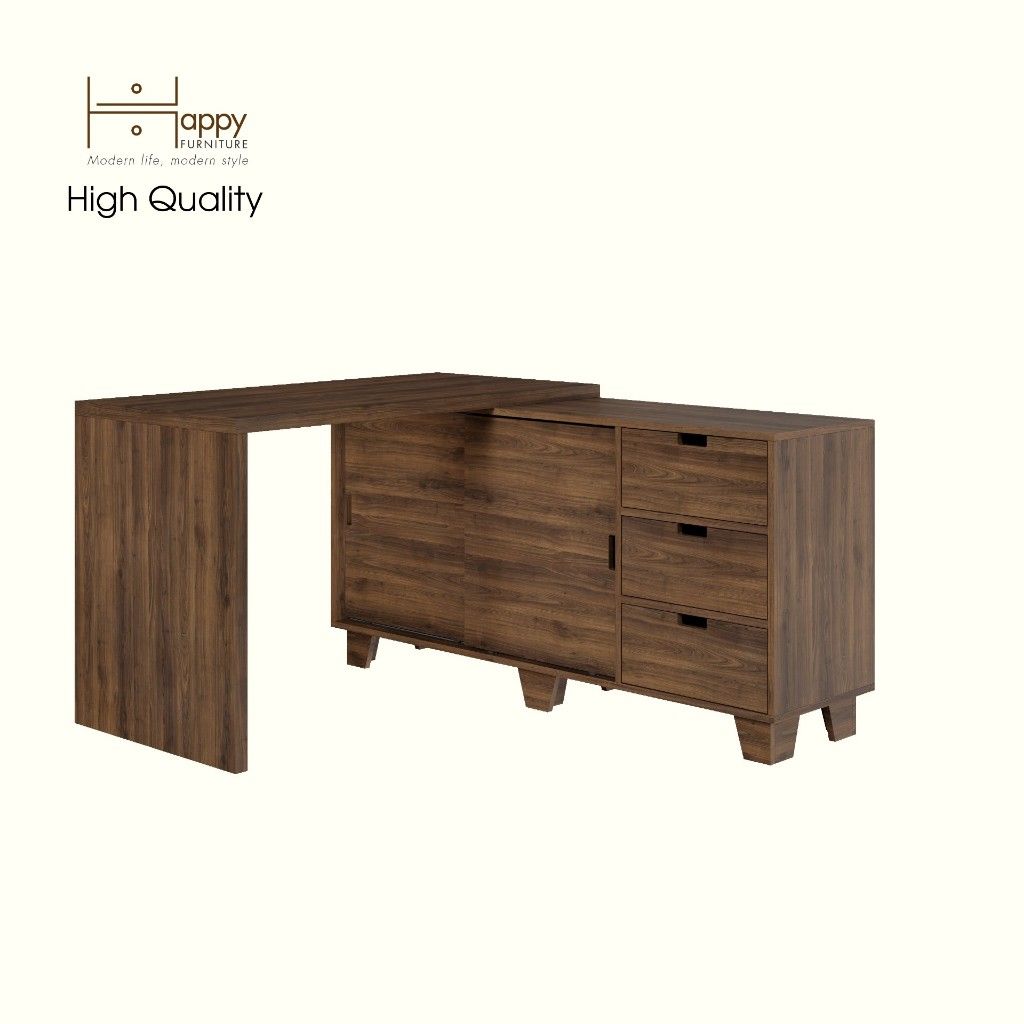 HAPPY FURNITURE , ALVA - Bàn làm việc 2 cửa lùa 3 ngăn kéo, BAN_127 , 140cm x 59cm x 72cm DxRxC