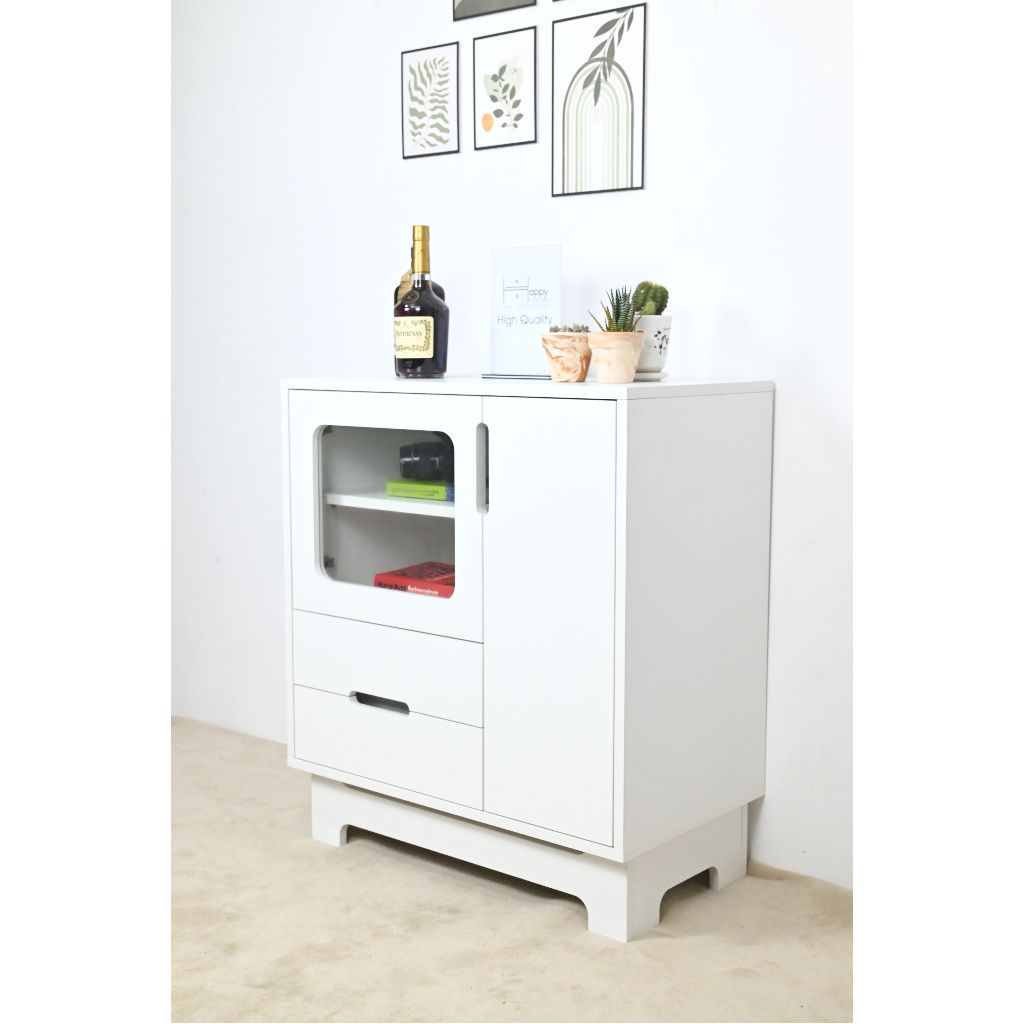 HAPPY FURNITURE , Tủ lưu trữ cửa kính 2 cánh mở 2 ngăn kéo - MOLLY , TCM_110 , 72cm x 40cm x 82cm