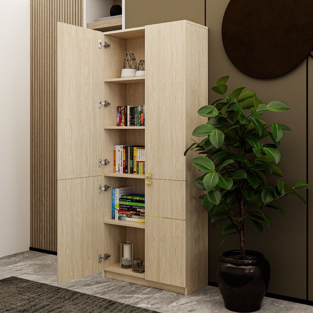 HAPPY FURNITURE , gỗ tự nhiên - kệ sách 5 tầng 4 cửa mở - JOCASTA , KSA_059 , 80cm x 30cm x 192cm