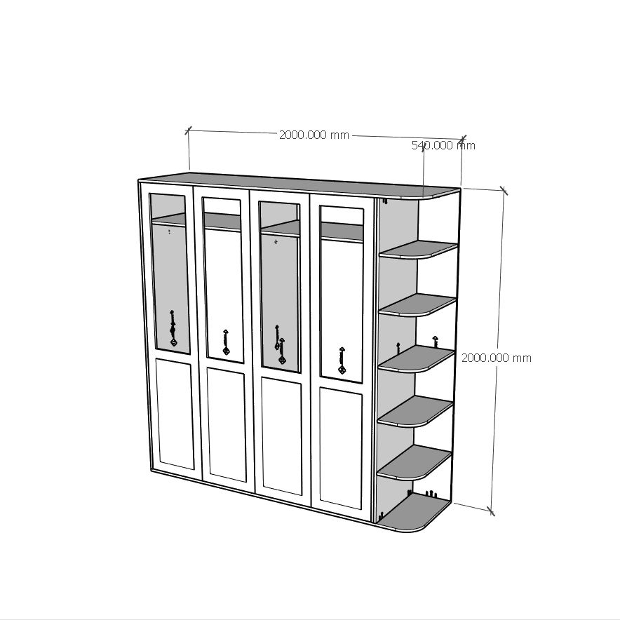 HAPPY FURNITURE , Tủ quần áo 4 cánh mở 2mx2m - ROTAN , TCM_139 , 200cm x 54cm x 200cm