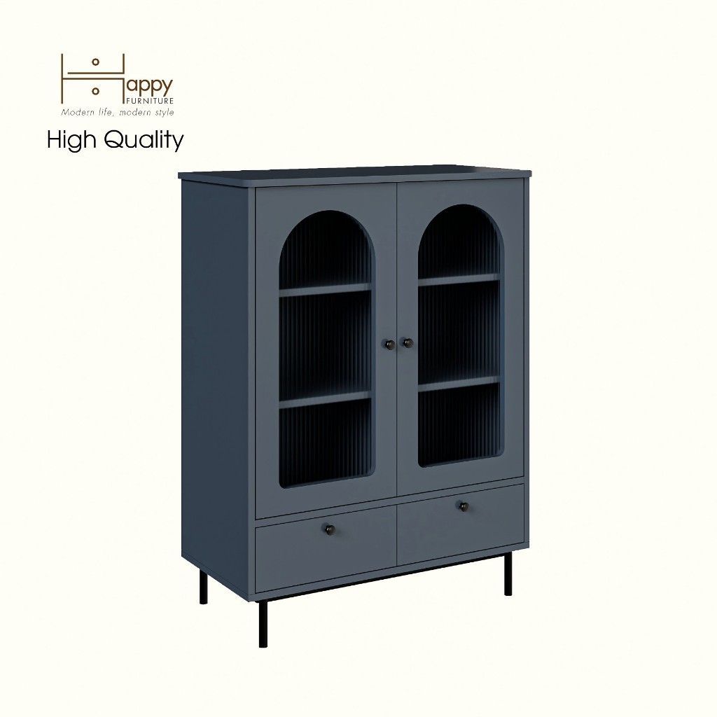 HAPPY FURNITURE , Tủ lưu trữ cửa kính 2 cánh mở 2 hộc kéo chân sắt - SISEEL , TCM_183 , 83cm x 40cm x 110cm