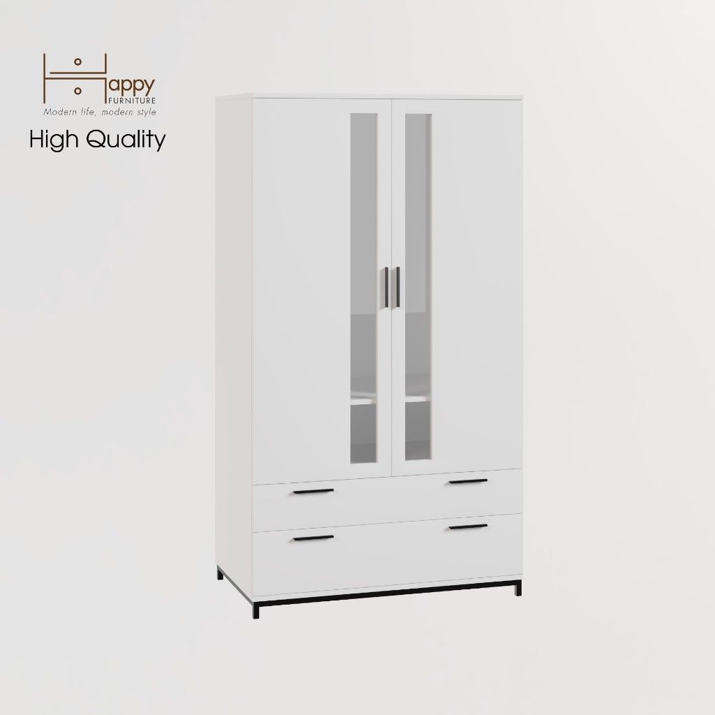 HAPPY FURNITURE , Tủ quần áo 2 ngăn kéo 2 cửa mở chân sắt - LOUIS , TCM_033 , 100cm x 58cm x 180cm