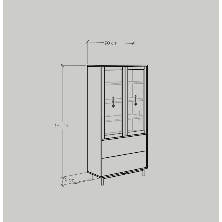 HAPPY FURNITURE , Kệ sách cửa kính 2 ngăn kéo đèn LED chân sắt - CATY , KSA_019_LED , 90cm x 39cm x 180cm