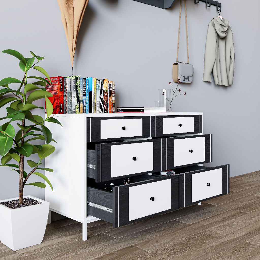 HAPPY FURNITURE , Tủ lưu trữ 6 ngăn kéo chân sắt - TAKO , THK_133 , 120x45x75cm