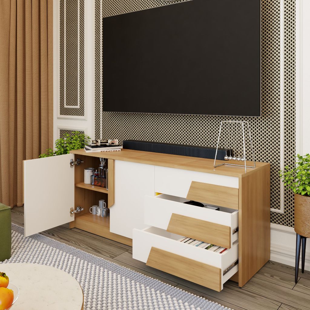 HAPPY FURNITURE , Kệ TV 3 ngăn kéo - PONIX , KTV_027 , 140cm x 40cm x 58cm