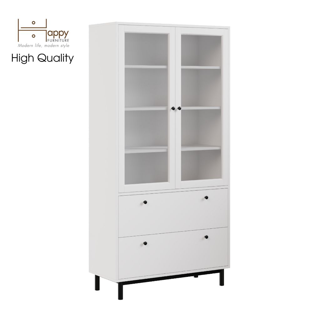 HAPPY FURNITURE , Kệ sách 6 tầng cửa kính 2 ngăn kéo chân sắt - CATY , KSA_019 , 90cm x 39cm x 180cm