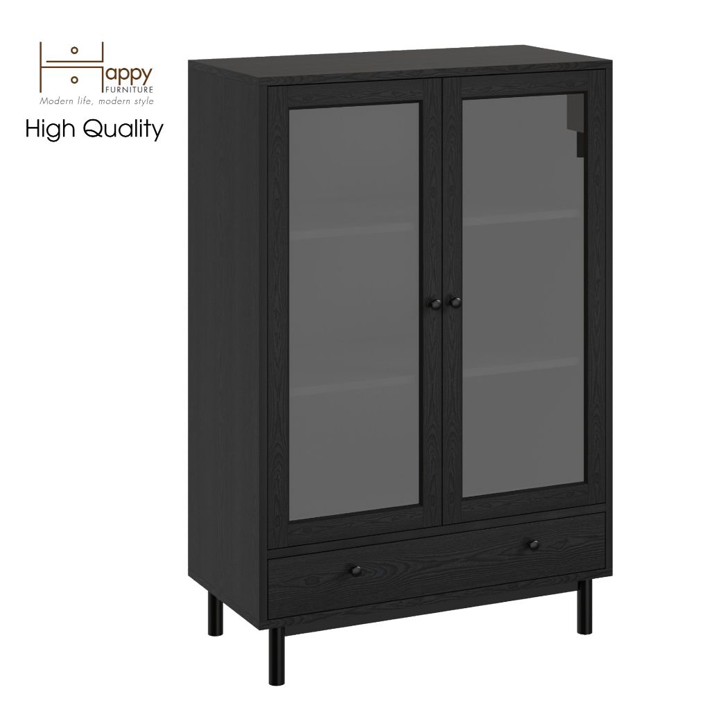 HAPPY FURNITURE , Kệ sách 3 tầng cửa kính 1 ngăn kéo chân sắt - CATY , KSA_022 , 80cm x 39cm x 120cm