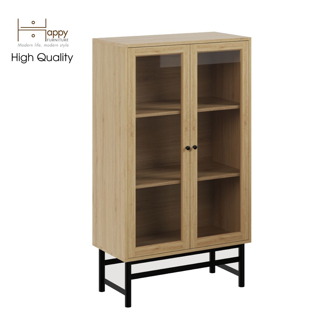 HAPPY FURNITURE , Kệ sách 3 tầng cửa kính chân sắt - CATY , KSA_023 , 80cm x 39cm x 140cm