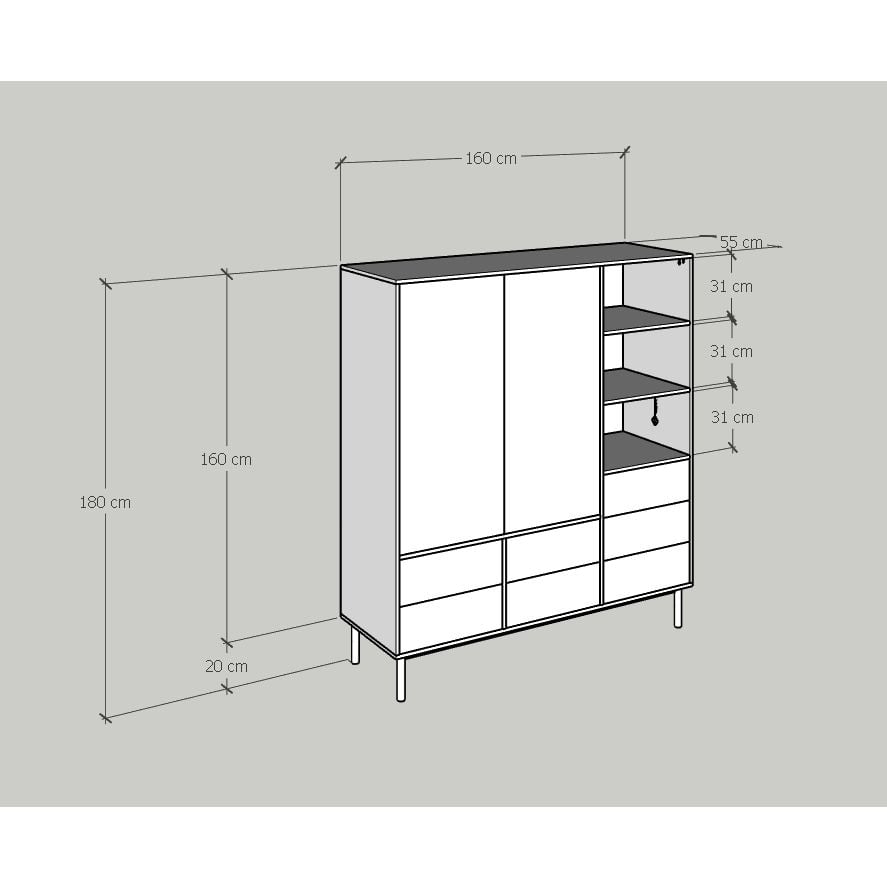 HAPPY FURNITURE , Tủ quần áo 2 cánh mở chân sắt - BECKY , TCM_014 , 160cm x 55cm x 180cm