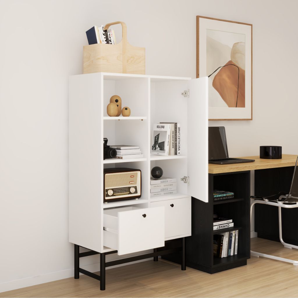 HAPPY FURNITURE , Kệ sách 2 ngăn kéo 1 cửa mở chân sắt - CATY , KSA_024 , 80cm x 39cm x 140cm