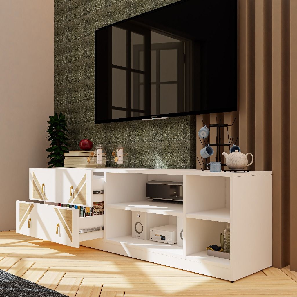 HAPPY FURNITURE , Kệ TV 2 ngăn kéo - CHARIS , KTV_030 , 160cm x 40cm x 50cm