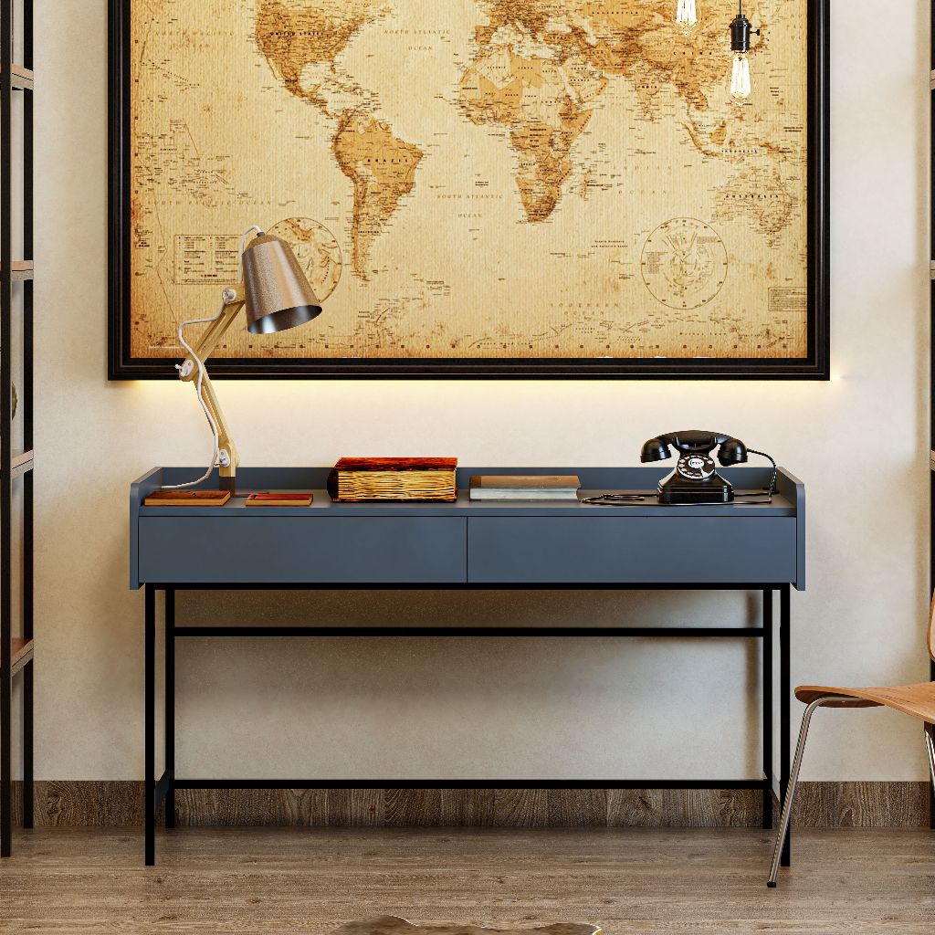 HAPPY FURNITURE , Bàn làm việc 2 ngăn kéo chân sắt - LAVIA , BAN_087, 140cm x 59cm x 80cm