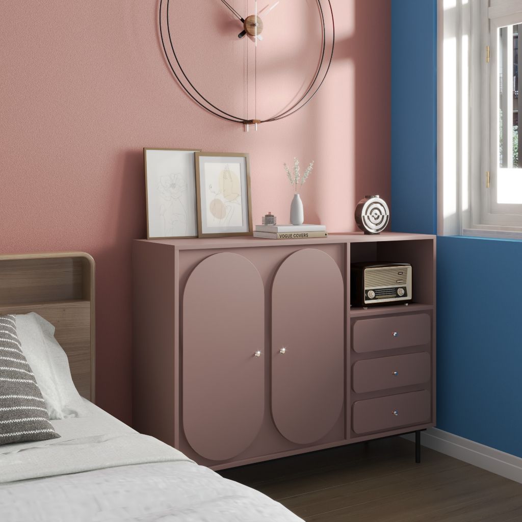 HAPPY FURNITURE , Tủ đựng đồ 2 cửa mở 3 ngăn kéo chân sắt - SWEETY , TCM_063 , 128cm x 40cm x 100cm
