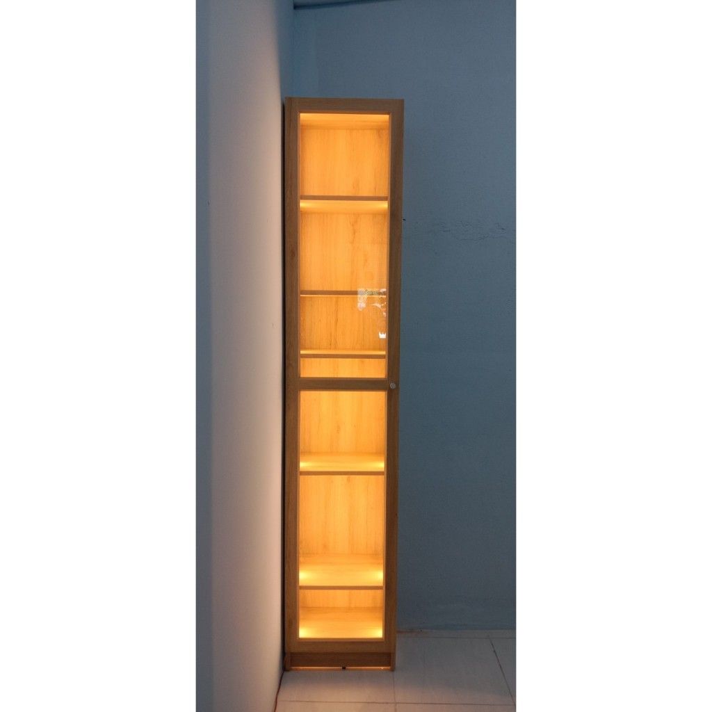 HAPPY FURNITURE , Kệ sách 6 tầng cửa kính size nhỏ tích hợp đèn Led - CATY , KSA_011_LED , 40cm x 30cm x 202cm