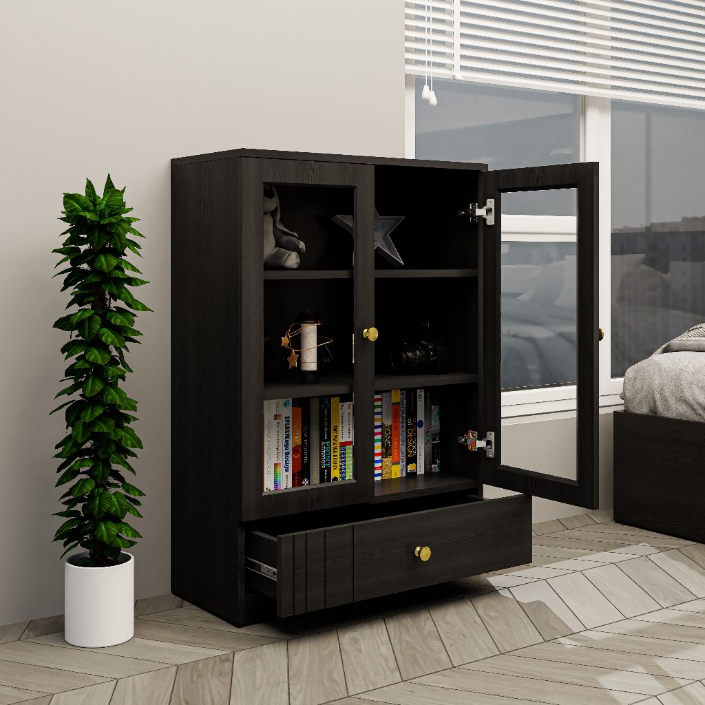 HAPPY FURNITURE , Tủ lưu trữ cửa kính 1 ngăn kéo - JOVIE , TCM_162 , 70cm x 32cm x 100cm
