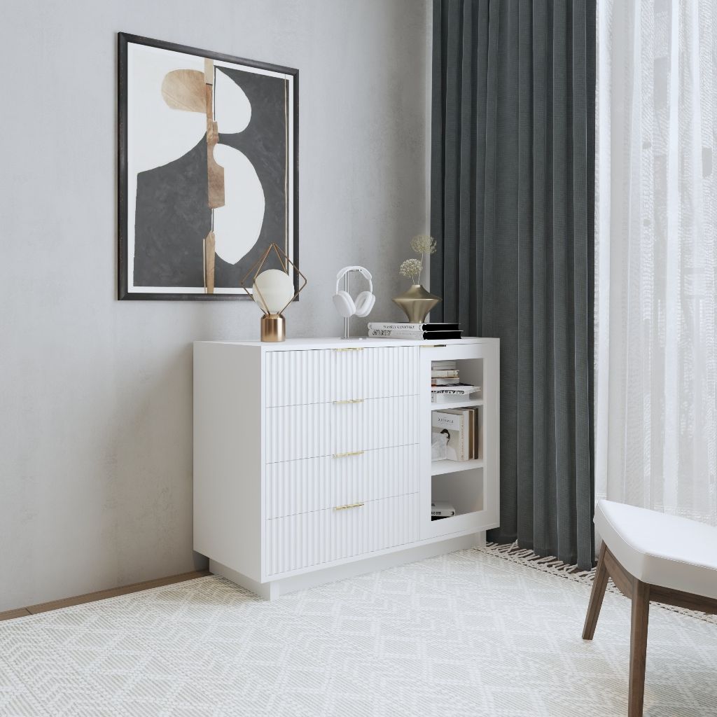 HAPPY FURNITURE , Tủ lưu trữ 4 ngăn kéo 1 cửa kính - NAMI, TLT_040 , 110cm x 45cm x 82cm DxRxC