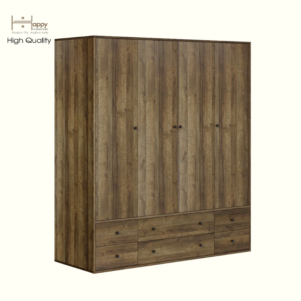 HAPPY FURNITURE , ZACY - Tủ quần áo 4 cửa mở 6 ngăn kéo, TCM_209 , 160cm x 59cm x 180cm DxRxC, Sản phẩm phổ thông