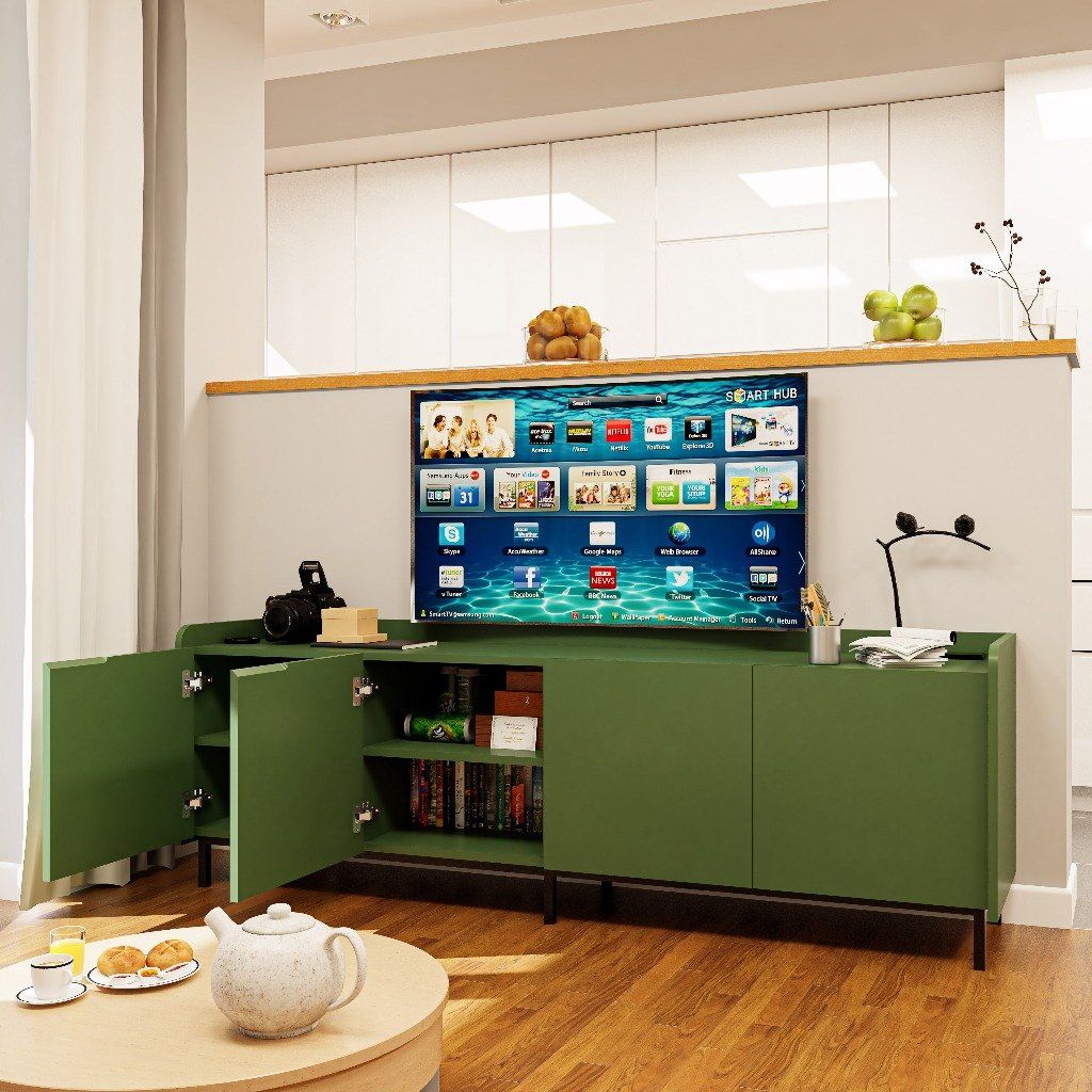 HAPPY FURNITURE , Kệ TV 4 cửa mở chân sắt - LAVIA , KTV_046 , 180cm x 40cm x 60cm